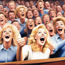 A group of white people with blonde hair are gathered in an ordinance, cheering and laughing