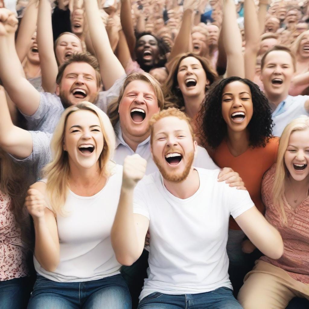 A group of white people are gathered in an ordinance, cheering and laughing