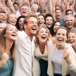 A group of white people are gathered in an ordinance, cheering and laughing