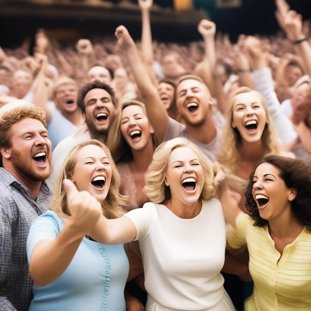 A group of white people are gathered in an ordinance, cheering and laughing