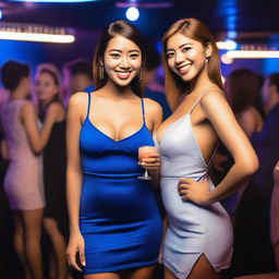 A girl in a club wearing a tight blue dress, showing her legs with the short dress, prominent neckline with normal-sized breasts, seductive smile, accompanied by a friend with similar physical characteristics