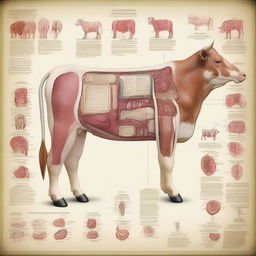 A detailed and educational scene showing the inside anatomy of a cattle