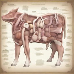 A detailed and educational scene showing the inside anatomy of a cattle