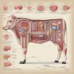 A detailed and educational scene showing the inside anatomy of a cattle