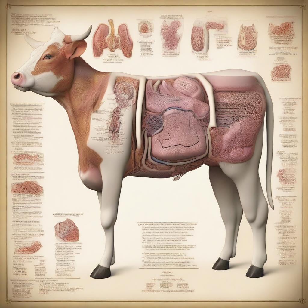 A detailed and educational scene showing the inside anatomy of a cattle