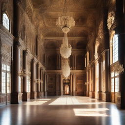 A detailed interior view of a grand castle with high ceilings, chandeliers, elegant corridors, tapestries, and suits of armor