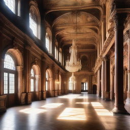 A detailed interior view of a grand castle with high ceilings, chandeliers, elegant corridors, tapestries, and suits of armor