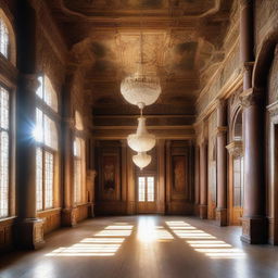 A detailed interior view of a grand castle with high ceilings, chandeliers, elegant corridors, tapestries, and suits of armor