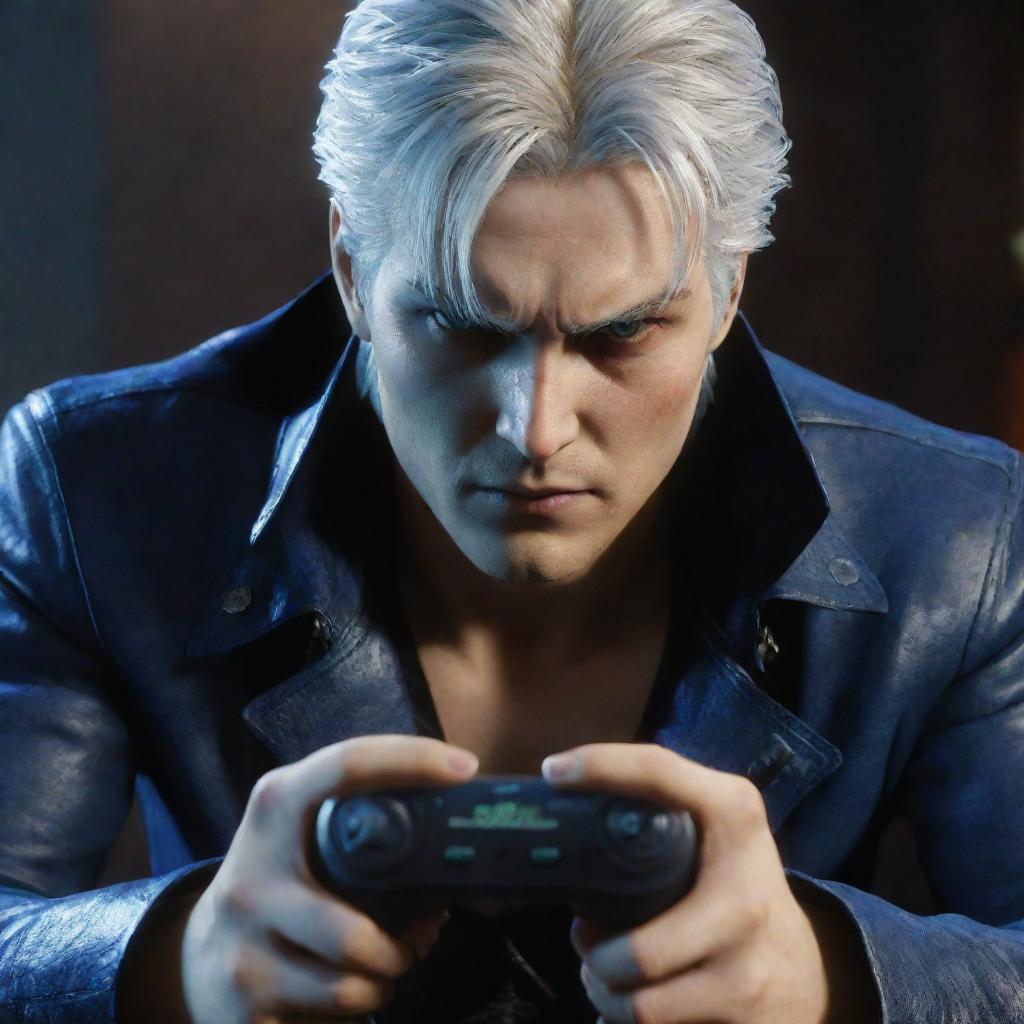 Vergil from Devil May Cry, engrossed in playing a video game, with a look of intense concentration on his face and the controllers in his hands.