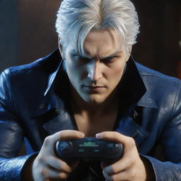 Vergil from Devil May Cry, engrossed in playing a video game, with a look of intense concentration on his face and the controllers in his hands.