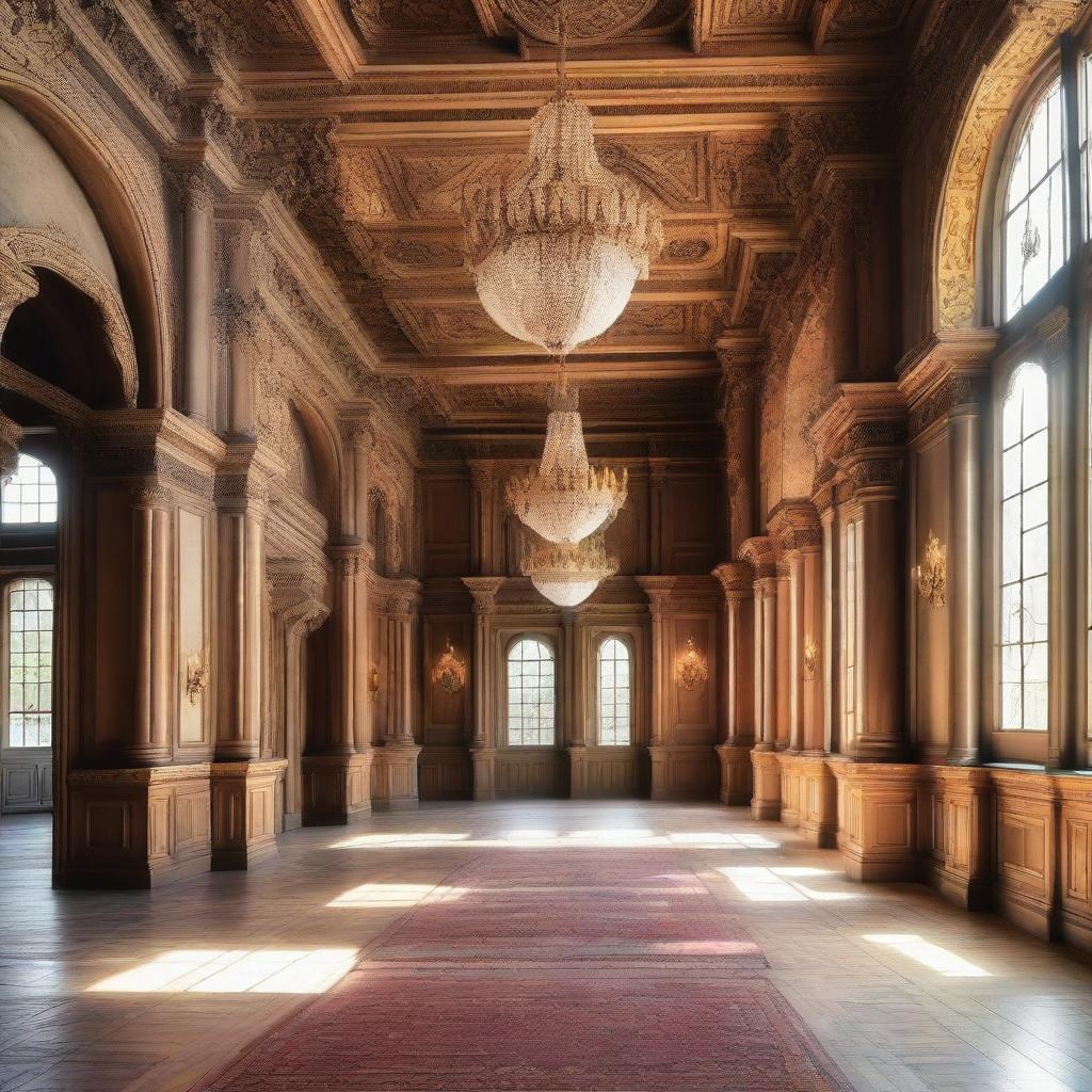 A detailed interior view of a grand castle with high ceilings, chandeliers, elegant corridors, tapestries, and suits of armor