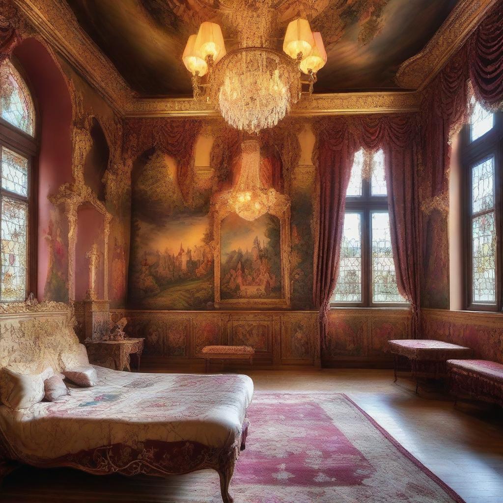 A magical and enchanting scene inside a fairy tale castle