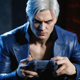 Vergil from Devil May Cry, engrossed in playing a video game, with a look of intense concentration on his face and the controllers in his hands.