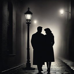 A captivating romance mystery film poster featuring a couple standing under a streetlamp on a foggy night