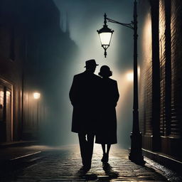 A captivating romance mystery film poster featuring a couple standing under a streetlamp on a foggy night