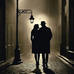 A captivating romance mystery film poster featuring a couple standing under a streetlamp on a foggy night