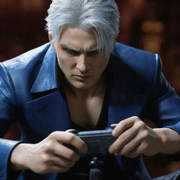 Vergil from Devil May Cry, engrossed in playing a video game, with a look of intense concentration on his face and the controllers in his hands.