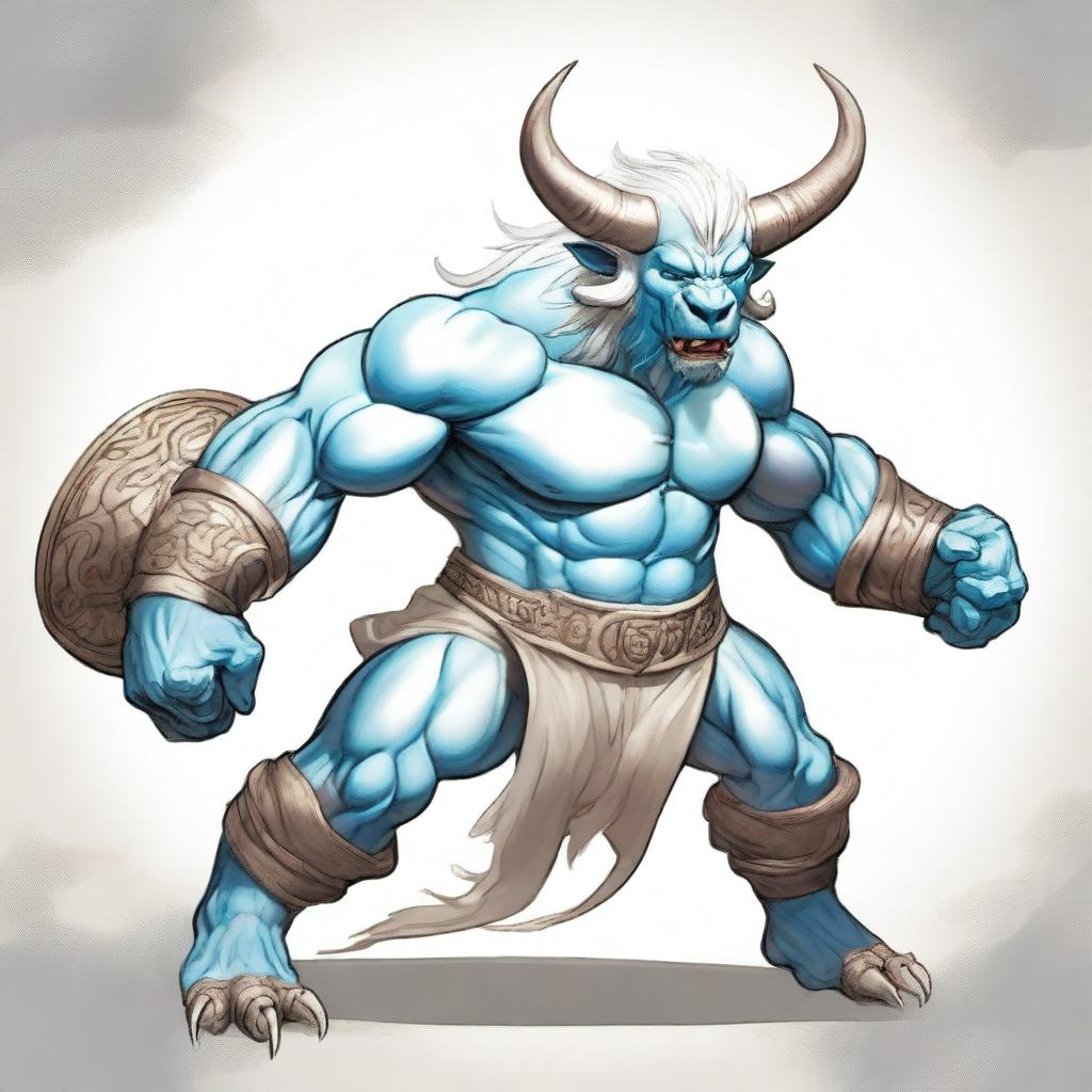 An albino Minotaur with long forward-pointing horns that have engravings all over them, bright blue angry eyes