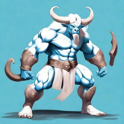 An albino Minotaur with long forward-pointing horns that have engravings all over them, bright blue angry eyes