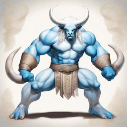 An albino Minotaur with long forward-pointing horns that have engravings all over them, bright blue angry eyes