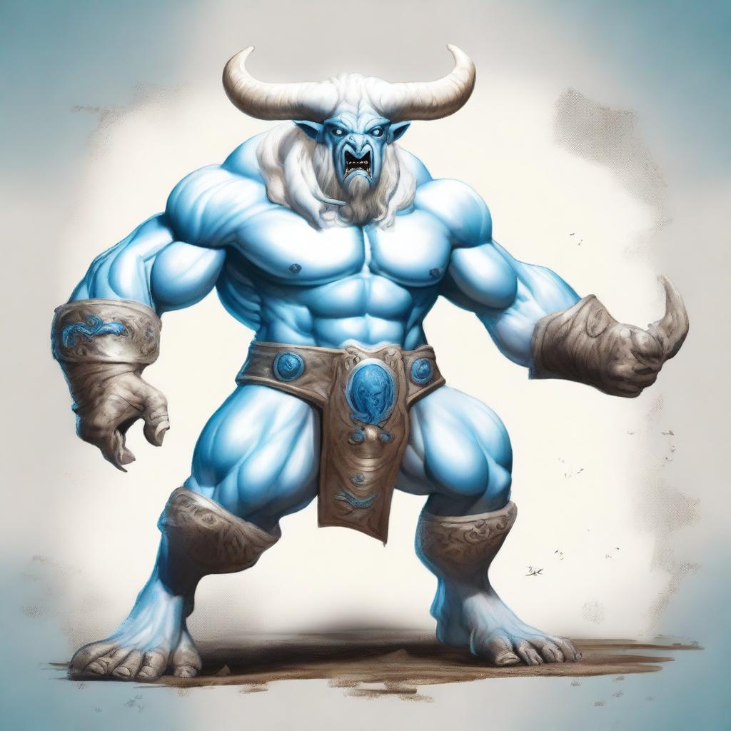 An albino Minotaur with long forward-pointing horns that have engravings all over them, bright blue angry eyes