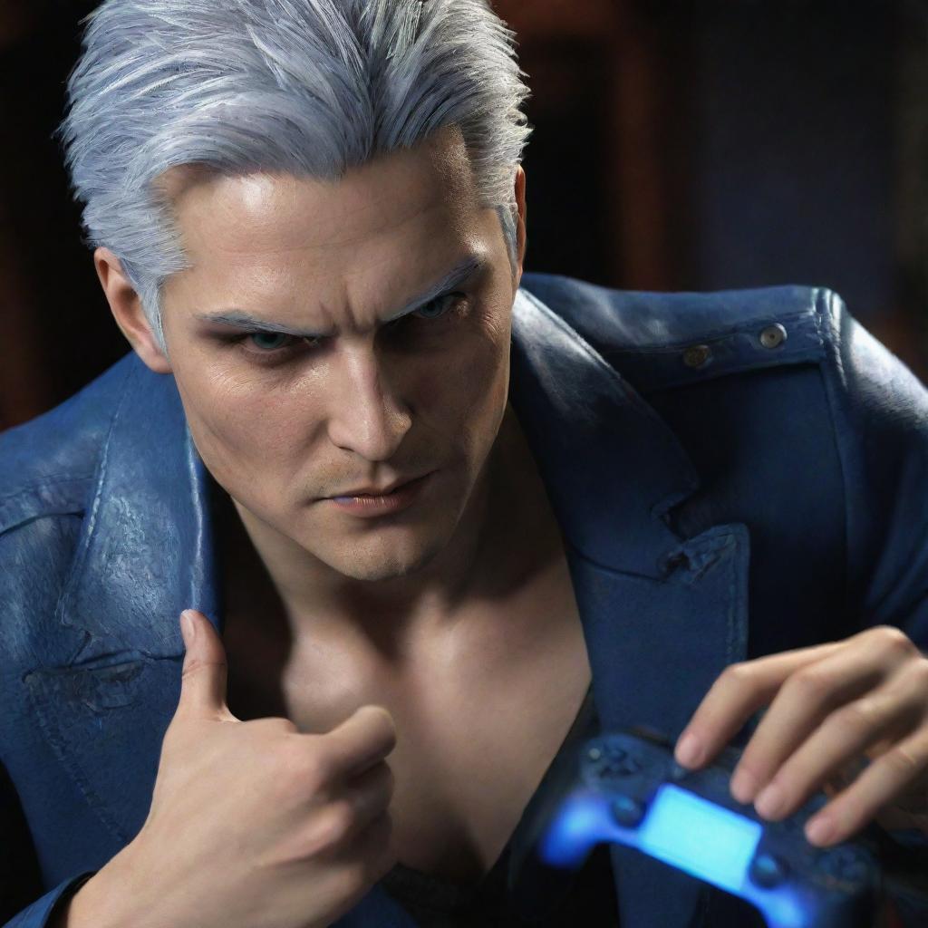 Vergil from Devil May Cry, engrossed in playing a video game, with a look of intense concentration on his face and the controllers in his hands.