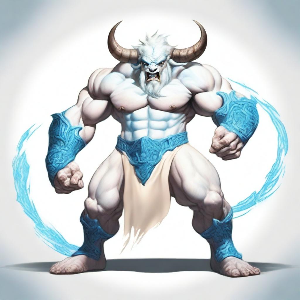 An albino Minotaur with long forward-pointing horns that have engravings all over them