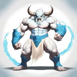 An albino Minotaur with long forward-pointing horns that have engravings all over them