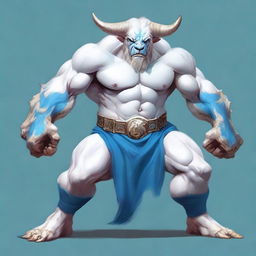 An albino Minotaur with long forward-pointing horns that have engravings all over them