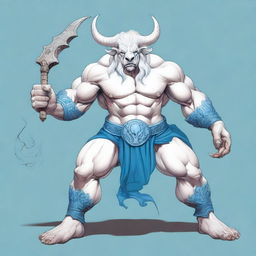 An albino Minotaur with long forward-pointing horns that have engravings all over them