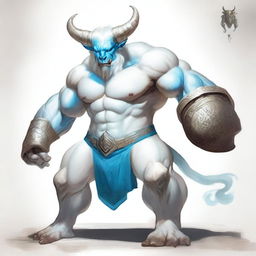 An albino Minotaur with long forward-pointing horns that have engravings all over them