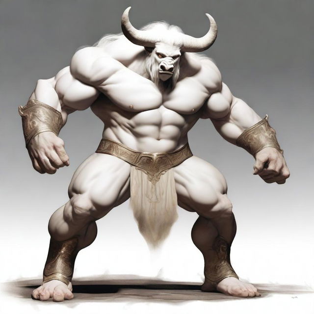 An albino Minotaur with long forward-pointing horns that have engravings all over them