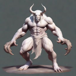 An albino Minotaur with long forward-pointing horns that have engravings all over them