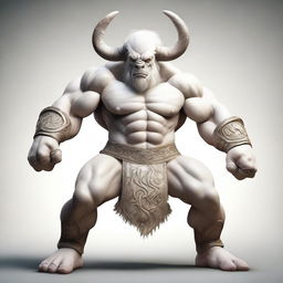 An albino Minotaur with long forward-pointing horns that have engravings all over them