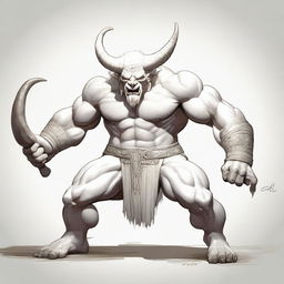 An albino Minotaur with long forward-pointing horns that have engravings all over them