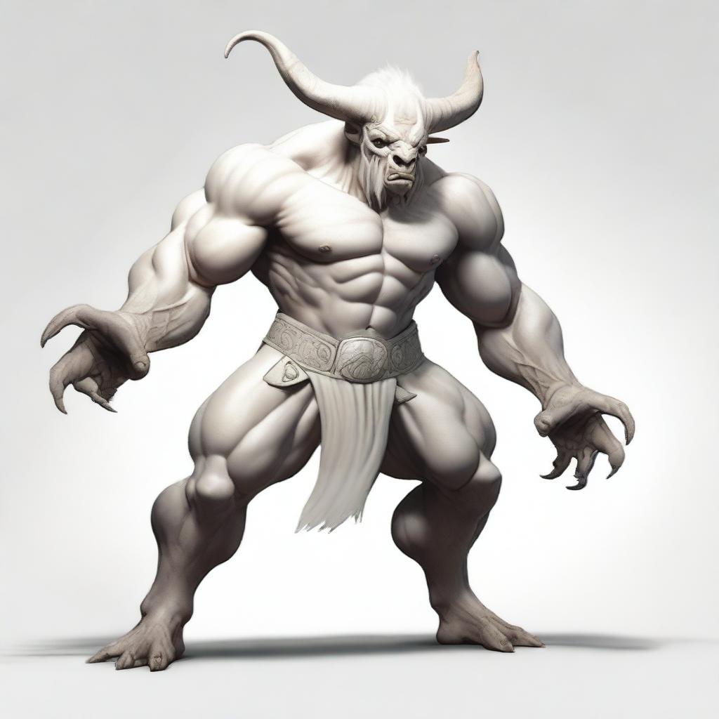 An albino Minotaur with long forward-pointing horns that have engravings all over them