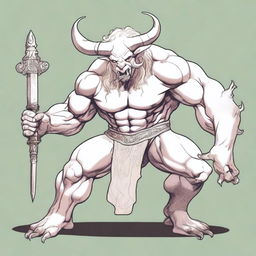 An albino Minotaur with long forward-pointing horns that have engravings all over them