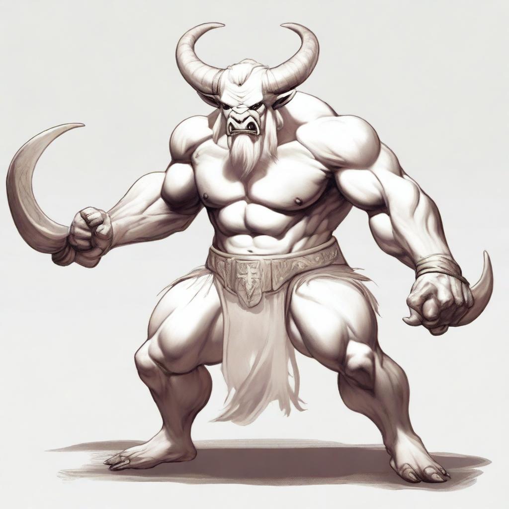 An albino Minotaur with long forward-pointing horns that have engravings all over them