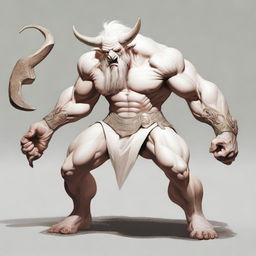 An albino Minotaur with long forward-pointing horns that have engravings all over them