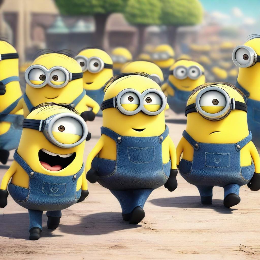 A group of Minions from the Despicable Me franchise are walking together on a sunny day