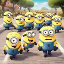 A group of Minions from the Despicable Me franchise are walking together on a sunny day