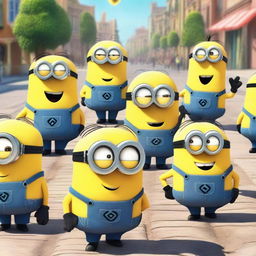 A group of Minions from the Despicable Me franchise are walking together on a sunny day