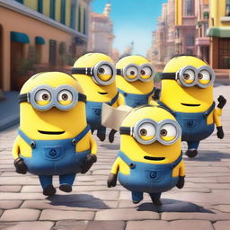 A group of Minions from the Despicable Me franchise are walking together on a sunny day