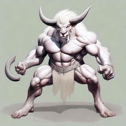 An albino Minotaur with long forward-pointing horns that have engravings all over them