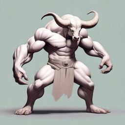 An albino Minotaur with long forward-pointing horns that have engravings all over them