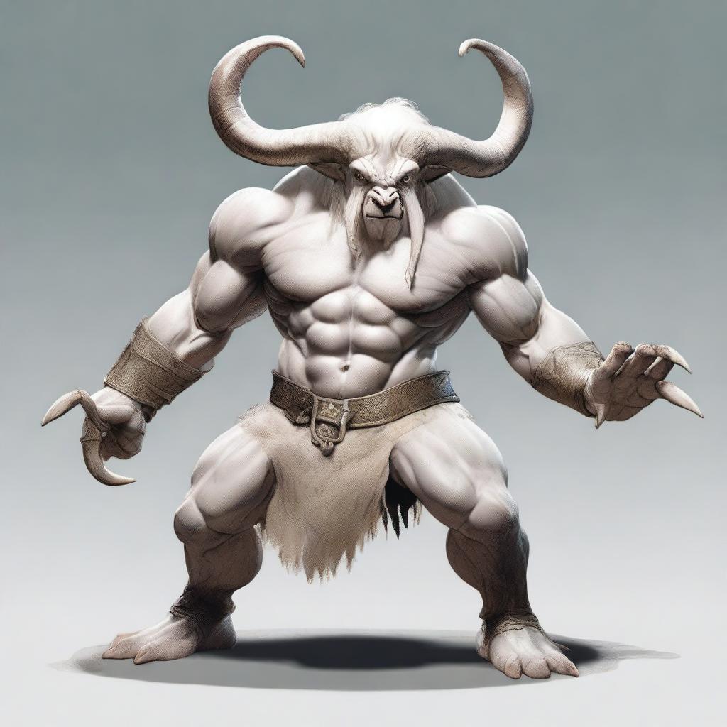 An albino Minotaur with long forward-pointing horns that have engravings all over them