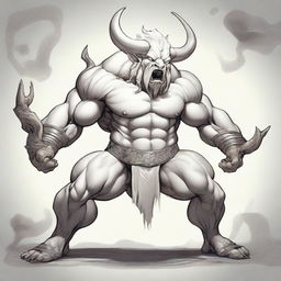 An albino Minotaur with long forward-pointing horns that have engravings all over them