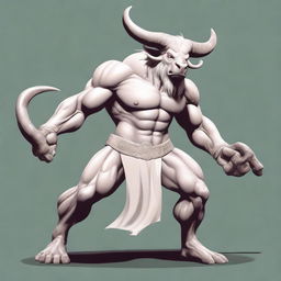 An albino Minotaur with long forward-pointing horns that have engravings all over them