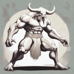 An albino Minotaur with long forward-pointing horns that have engravings all over them