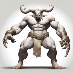 An albino Minotaur with long forward-pointing horns that have engravings all over them